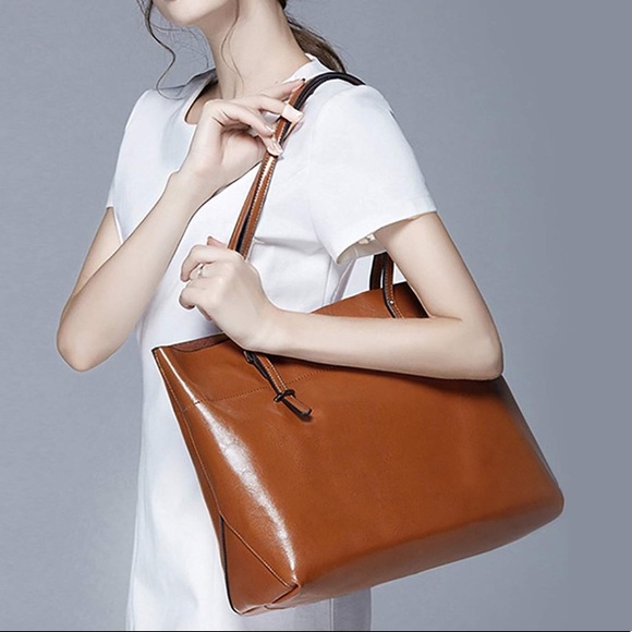 Brown Genuine Leather Tote Shoulder Bag - Picture 2 of 6